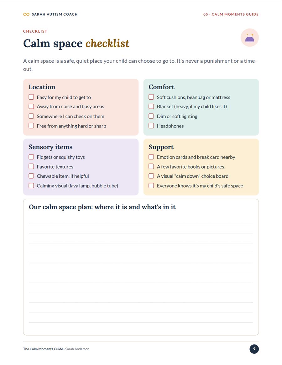 A checklist for setting up a calm space at home.